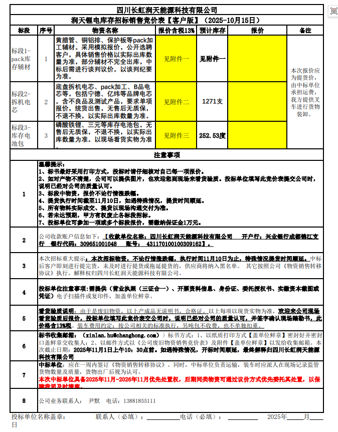 四川長(zhǎng)虹潤(rùn)天能源科技有限公司-潤(rùn)天鋰電庫(kù)存招標(biāo)銷售競(jìng)價(jià)表