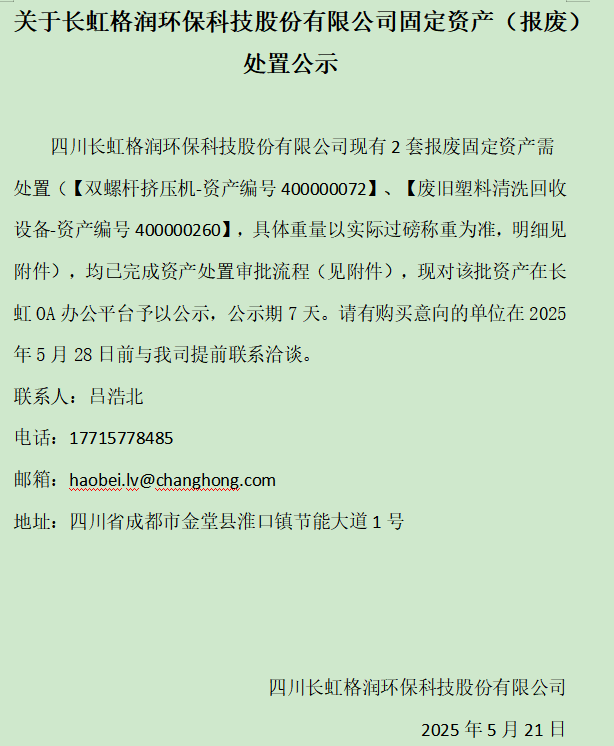 關(guān)于長(zhǎng)虹格潤(rùn)環(huán)?？萍脊煞萦邢薰竟潭ㄙY產(chǎn)（報(bào)廢）處置公示